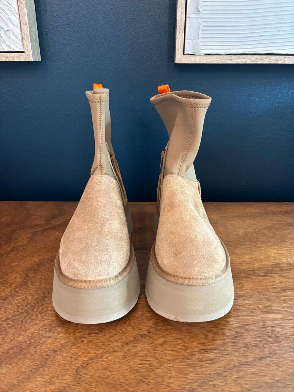 UGG Tan Suede Zip Ankle Boots with Orange Pull Tab